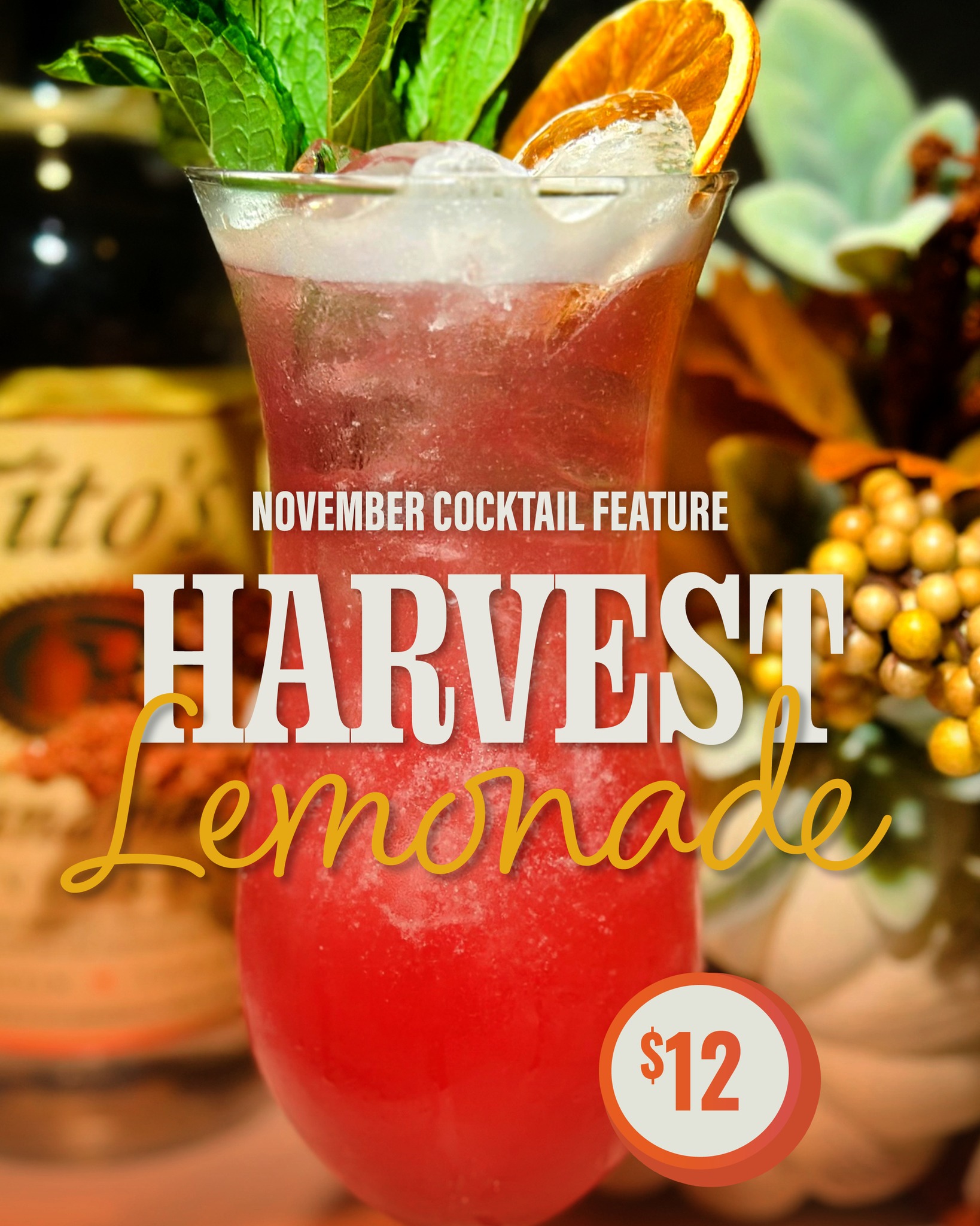 Say hello to your new favorite November sip: the Harvest Lemonade 🍋🍂

Tito’s Handmade Vodka, pomegranate liqueur, blackberry liqueur, and fresh handmade lemonade — crisp, refreshing, and perfectly seasonal.

Available all month long at Jake n JOES for $12.