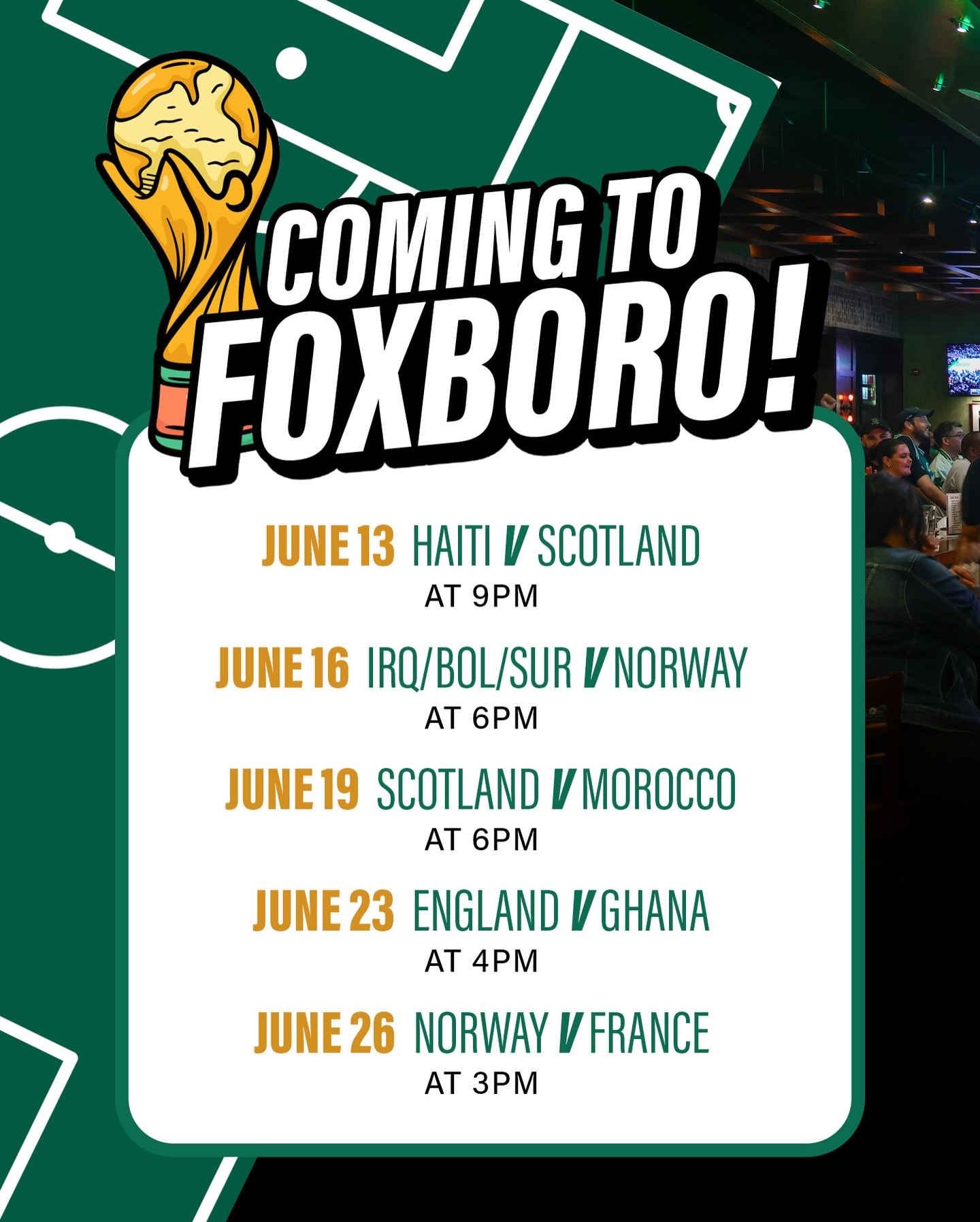 ⚽️ World Cup watch parties are coming to Jake n JOES this next summer! FIFA released the 6 World Cup matches coming to @gillettestadium in 2026. 

Mark your calendar now and start planning the squad nights — big screens, big energy.
📍Foxboro | Norwood | Waltham | Woburn | Braintree