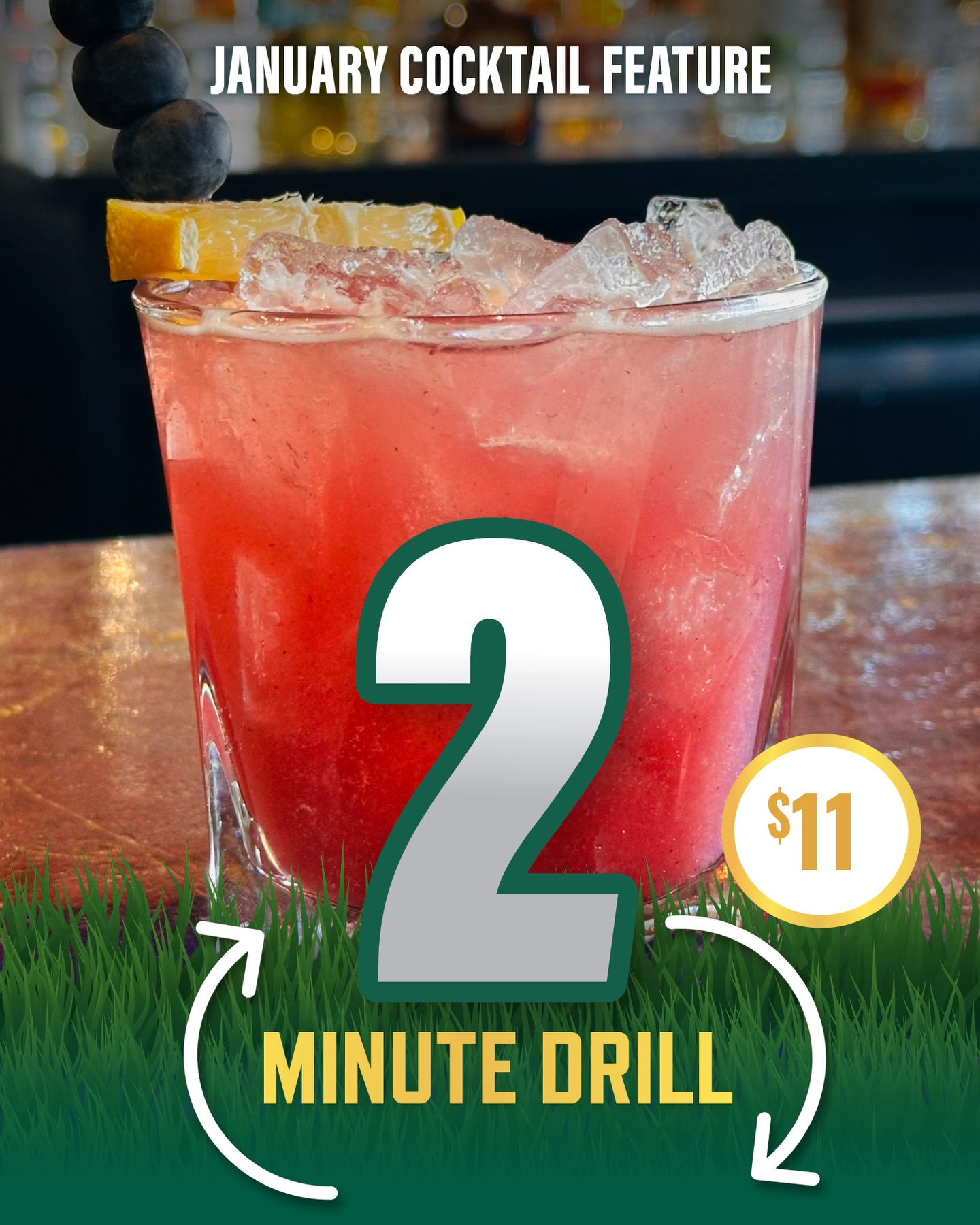 Meet January’s game-changing sip: the 2 Minute Drill 🍹

Smirnoff Citrus, blueberry purée, fresh lemon juice, simple syrup, and club soda for a crisp, refreshing finish.

Available all month long at Jake n JOES for only $11.