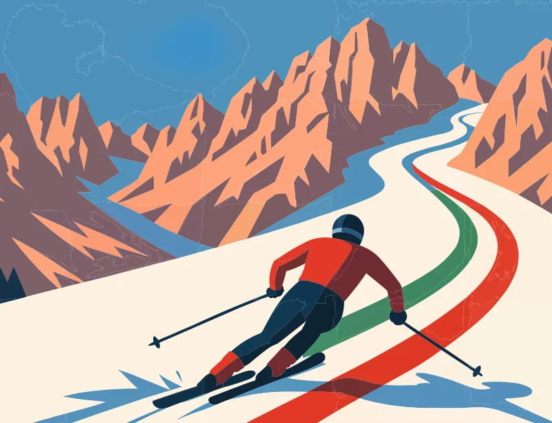 stock illustration of a skier skiing through a mountain trail with the colors of the Italian flag on the path