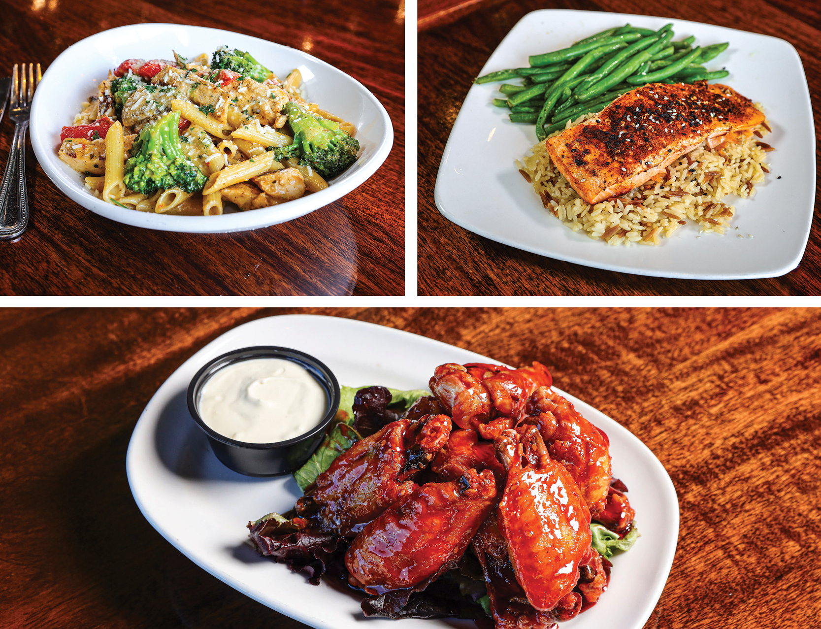 Chicken broccoli ziti, Salmon dish, and chicken wings