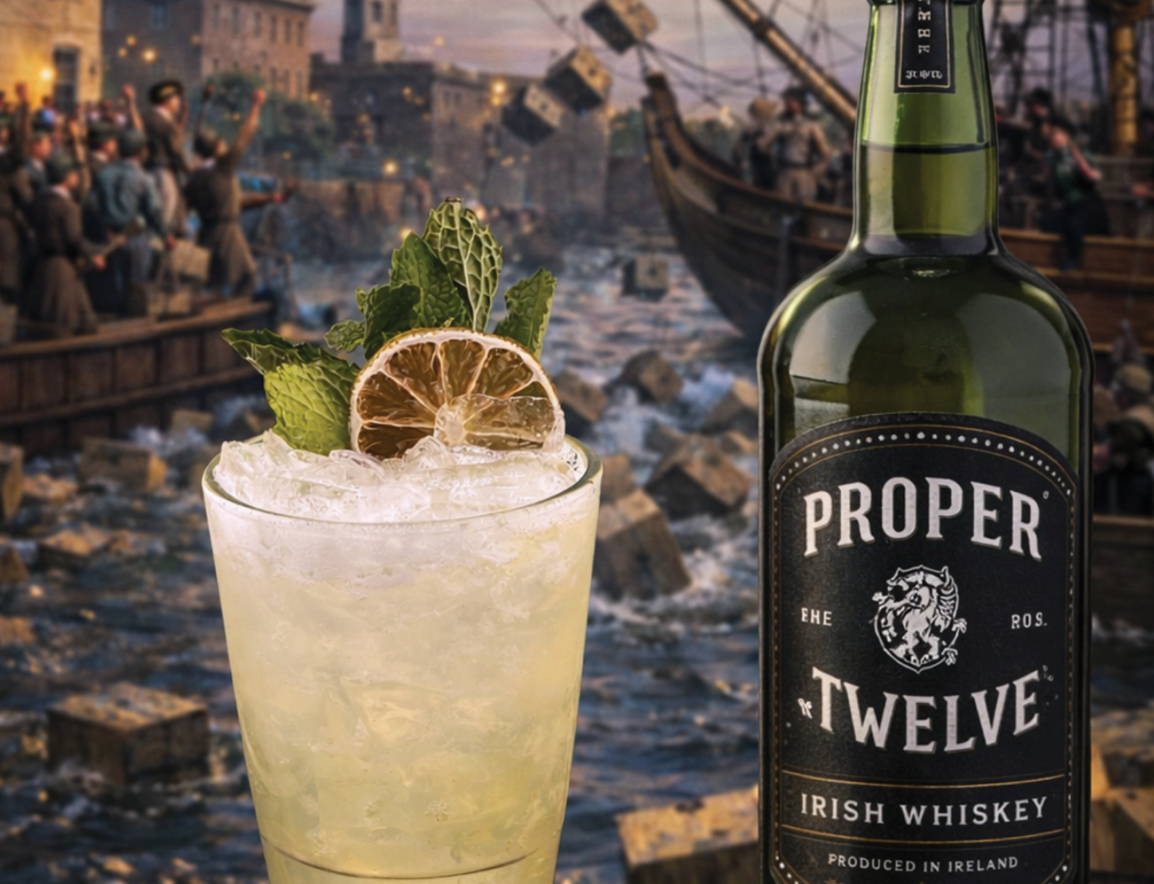 pale green cocktail over ice with lemon and mint garnish, next to bottle of Proper Twelve Whiskey
