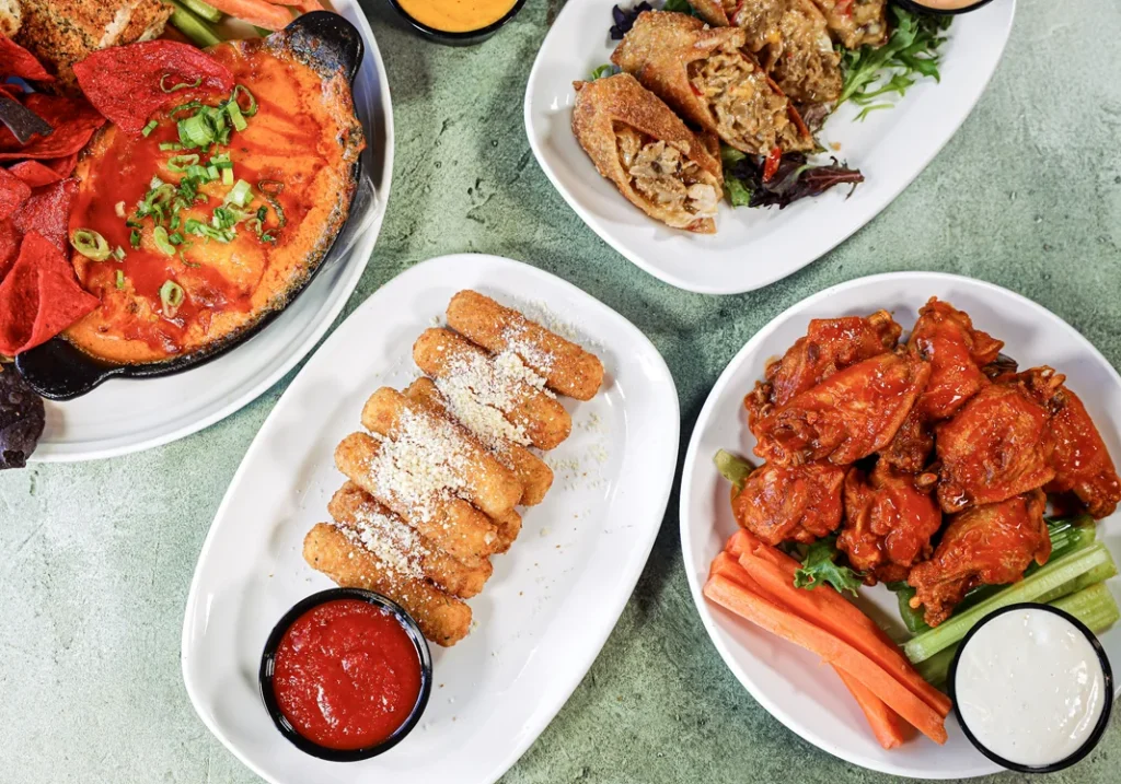 chicken wings, mozzarella sticks, chips & dip
