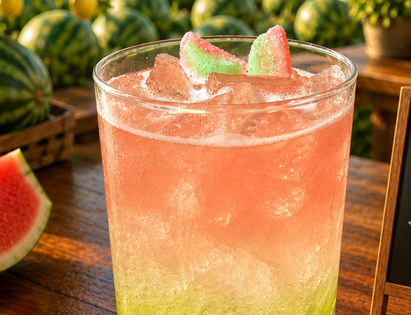 Watermelon-colored cocktail in a rocks glass, garnished with watermelon-shaped candy slices, set against a backdrop of watermelons.