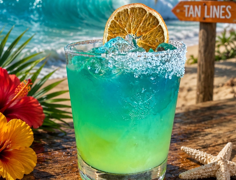 bright green and blue margarita cocktail in a short glass with salted rim and dehydrated orange wheel garnish