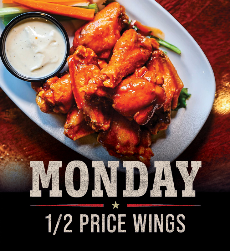 overhead shot of Buffalo wings with 'Monday 1/2 price wings' text.