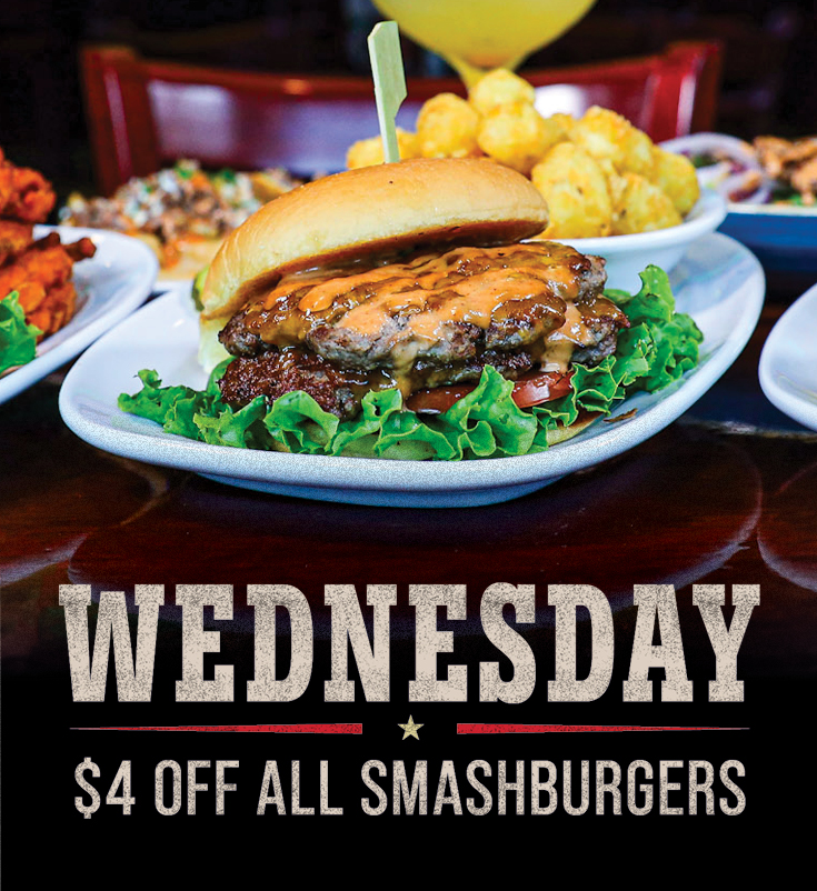 Smashburger with lettuce and orange sauce and a side of tater tots. Text reads 'Wednesday $4 off all smashburgers'