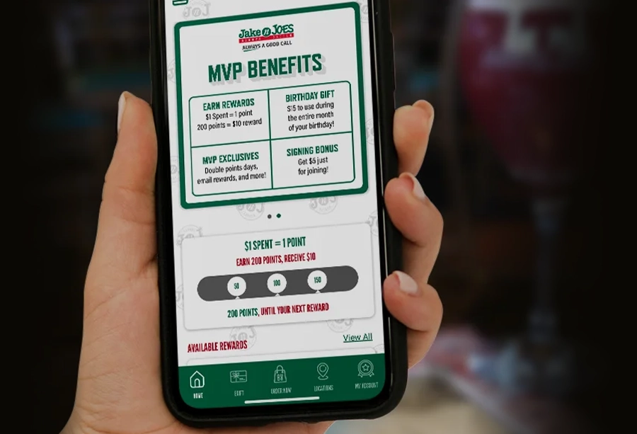 Jake n JOES app screen showing MVP Rewards: $1 spent equals 1 point, 200 points equals a $10 reward